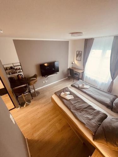 a large bed in a room with a large window at New Modern Apartment City Center 03 in Mainz