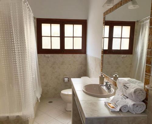 La salle de bains est pourvue d'un lavabo, de toilettes et d'un miroir. dans l'établissement Hotel Boutique Selva Alegre, à Arequipa
