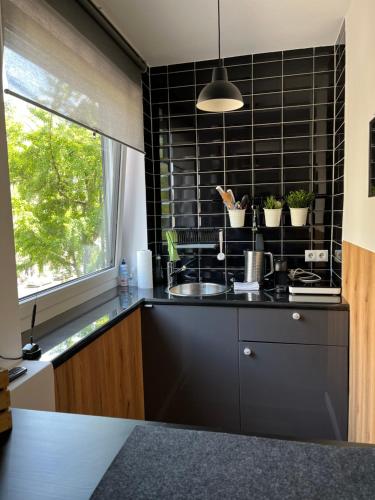eine Küche mit einer schwarz gefliesten Wand mit Topfpflanzen in der Unterkunft Apartments KR in Köln