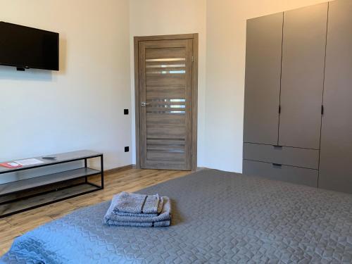 a bedroom with a bed and a flat screen tv at Нові Loft Апартаменти 5 (центр-залізничний вокзал) in Ivano-Frankivsʼk