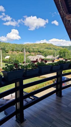 a balcony with potted plants on a wooden fence at Casa Florus in Şieu