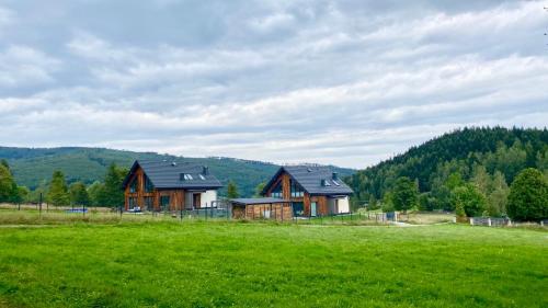 ein Haus auf einem Feld mit einem grünen Feld in der Unterkunft Domy Pod Babią in Zawoja