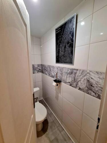 une salle de bain avec toilettes et un tableau au mur dans l'établissement Appartement cosy et calme en Hyper-centre, à Tarbes