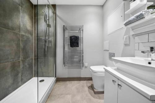 een badkamer met een douche, een toilet en een wastafel bij Platinum Gold Court Modern Apartment in Kent