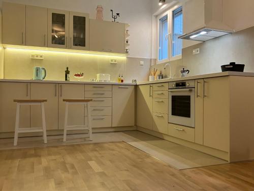 una cocina con armarios blancos y electrodomésticos blancos en Opera Flat, en Sofía
