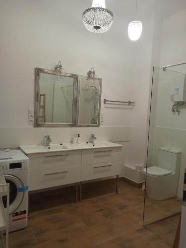 uma casa de banho com 2 lavatórios e uma máquina de lavar roupa em Apartament PAPROTKA 100m em Legnica