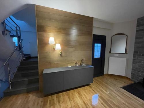 a living room with a sink and a staircase at Agnanta Mountain Residence in Agnanta
