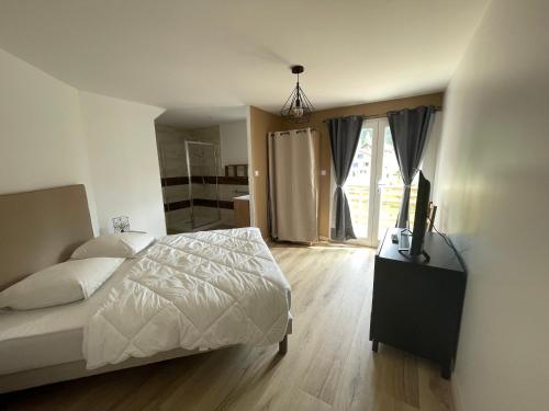 a bedroom with a bed and a television in it at Les gîtes de la bergerie in Xonrupt-Longemer