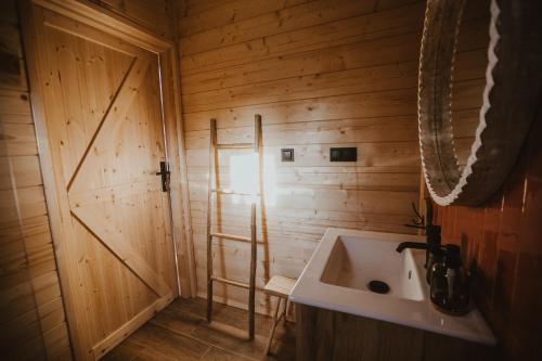 Łazienka z umywalką i drewnianą ścianą w obiekcie Domki Przystań Spławy 