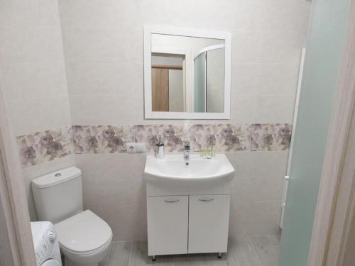 La salle de bains est pourvue de toilettes, d'un lavabo et d'un miroir. dans l'établissement Top Apartment, à Suvorovo