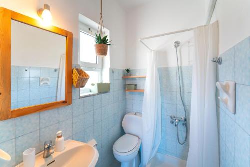 La salle de bains est pourvue de toilettes, d'un lavabo et d'une douche. dans l'établissement Tselios Apartments & Studios, à Kiotari