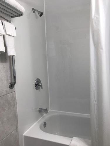 a white bathroom with a tub and a shower curtain at Tay Inn in Perth