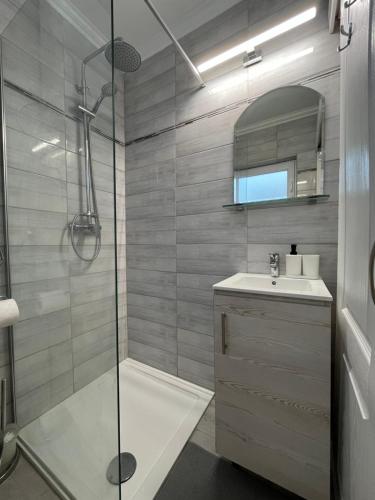 a bathroom with a shower and a sink at Mira apartman in Zamárdi