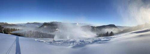 a snow covered mountain with fog in the distance at Chalet Pod Brdom - Apartments in Ružomberok