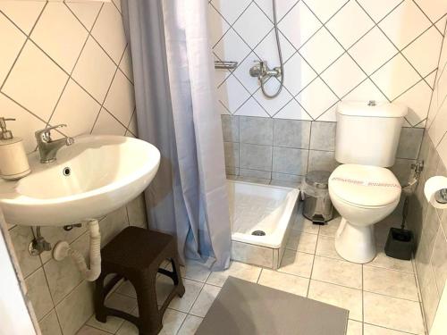 a bathroom with a sink and a toilet and a shower at TO PATRIKO - APARTMENTS FOR RENT in Igoumenitsa