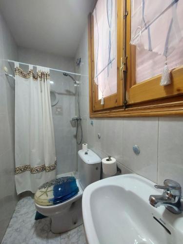 a bathroom with a sink and a toilet and a window at Casa Nasarre- Acogedora casa rural con garaje con vistas a la Sierra de GUARA in Abiego