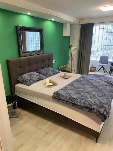 a bedroom with a large bed with a green wall at Studio Gallery in Mostar