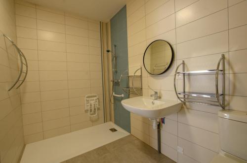 ein Bad mit einem Waschbecken, einer Dusche und einem Spiegel in der Unterkunft Le grand clos in Meurville