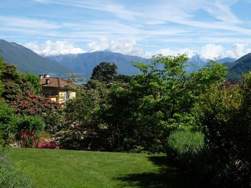 a lush green field with mountains in the background at Park Hotel Villa Belvedere in Cannobio