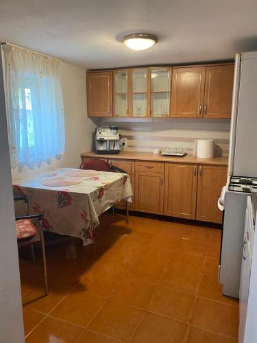 a kitchen with a table and a refrigerator at Casa Ionela in Cluj-Napoca