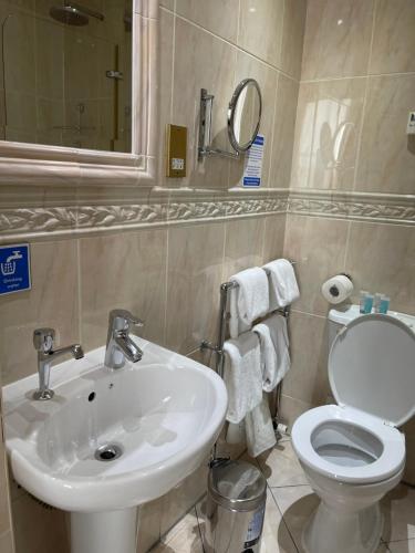 a bathroom with a white sink and a toilet at Roxford Lodge Hotel in Dublin