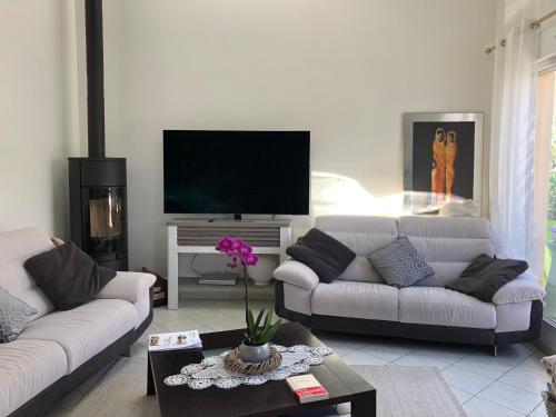 uma sala de estar com 2 sofás e uma televisão de ecrã plano em AT HOME Duplex Chic, Terrasse, proche LAC , 2 chambres et salle de bains indépendante em Annecy