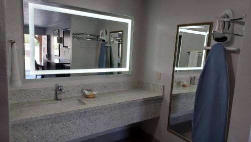 a bathroom with a sink and a large mirror at Regency Inn in Norco