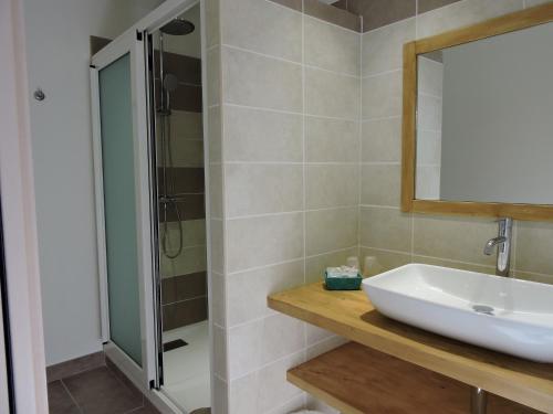 une salle de bain avec un lavabo et une douche dans l'établissement Hôtel du Golfe, à Bonifacio