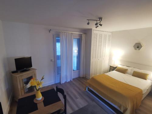 - une chambre avec un lit et une table avec une télévision dans l'établissement Les studios de Marie, à Avignon