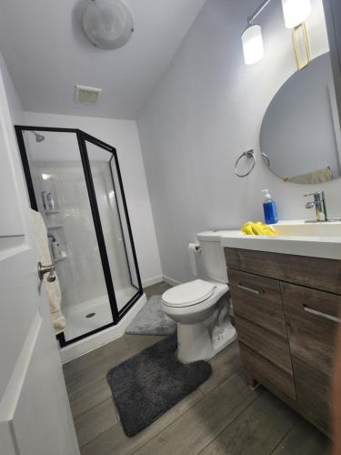 a bathroom with a shower and a toilet and a sink at Modern Apartment London Ontario in London