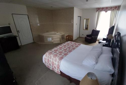 1 dormitorio con 1 cama y bañera en una habitación en Hotel Esmeralda en Castro