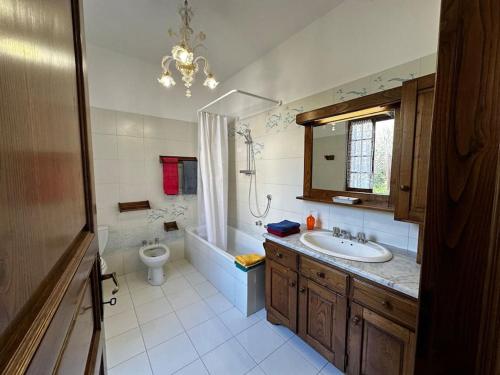 uma casa de banho com um lavatório, uma banheira e um WC. em Tra le Alpi Apuane e il mare em Montignoso