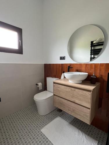 a bathroom with a sink and a toilet and a mirror at Mountain View Apartment in Mieres