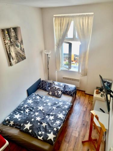 1 dormitorio con 1 cama en una habitación con ventana en Karlin Cozy Studio en Praga