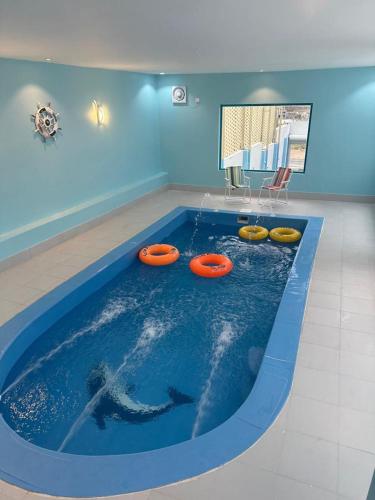 a swimming pool with three frisbees and a fish in it at منتجع مطل الريم in Taif