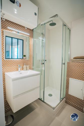 une salle de bain avec un lavabo et une douche dans l'établissement Studio centre-ville (Ecusson), à Nîmes