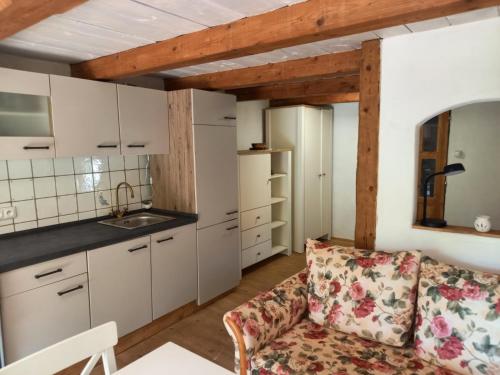 a living room with a couch and a kitchen at Wellness Vejminek na farmě u koní in Milešov