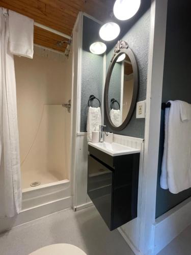 a bathroom with a sink and a shower and a mirror at Three Peaks Banff in Banff