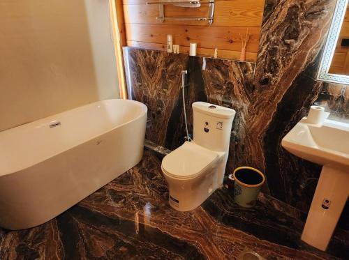 منتجع أكواخ گيفأ في تبوك: حمام مع حوض ومرحاض ومغسلة