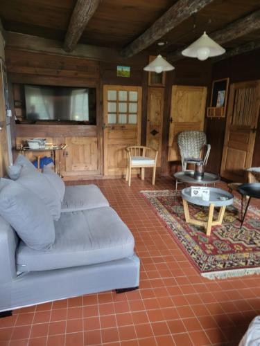un salon avec un canapé et une table dans l'établissement Authentique Maison de campagne De la rivière, à Saint-André-de-Chalencon