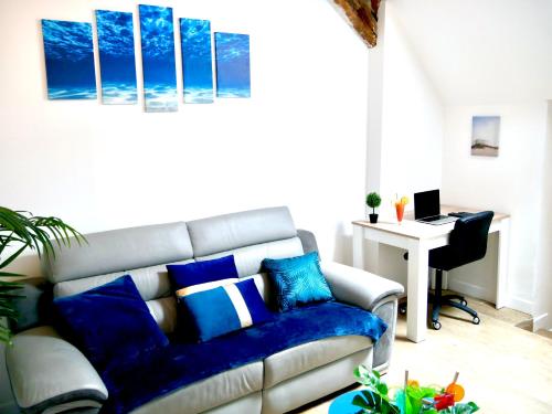 un salon avec un canapé avec des coussins bleus dans l'établissement Oasis Aqua, à Sens