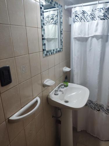 baño con lavabo y cortina de ducha en El Aromito en Alta Gracia