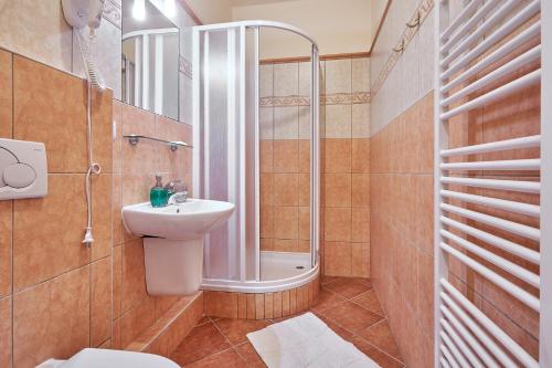 uma casa de banho com um WC, um lavatório e um chuveiro em Penzion Weber em Cesky Krumlov