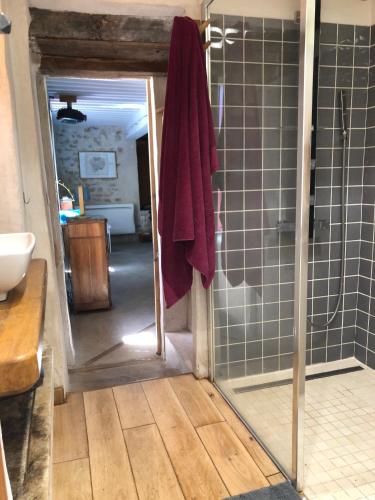 a bathroom with a shower with a glass door at Grande maison familiale, rustique et charmante en Bourgogne, dans le Morvan in Dun-sur-Grandry