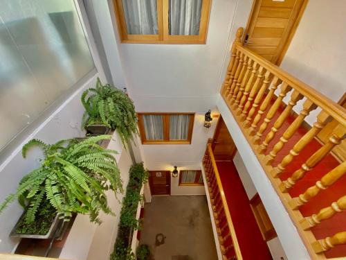 an overhead view of a hallway with stairs and plants at Mistico San Blas Boutique in Cusco