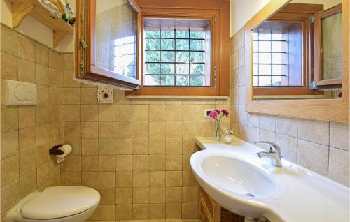 uma casa de banho com um lavatório, um WC e uma janela. em Casa Giglio Rosso em Sovramonte
