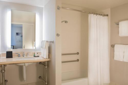 uma casa de banho com um lavatório e um chuveiro em Sheraton Suites Chicago Elk Grove em Elk Grove Village
