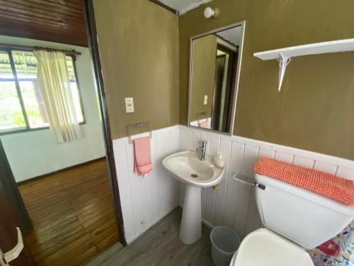 a bathroom with a toilet and a sink and a mirror at Casa familiar en sector residencial "HARE TOKE" in Hanga Roa