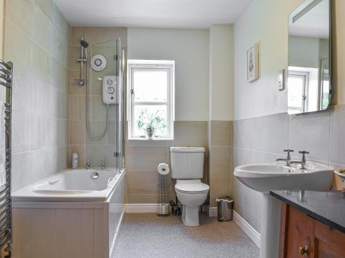 a bathroom with a sink and a toilet and a shower at Poplar Farm Cottage in Westbury-sub-Mendip