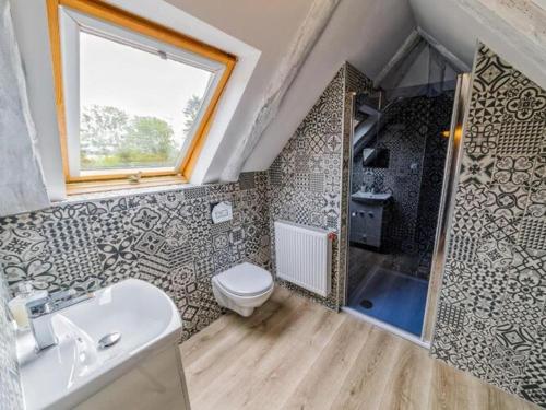 ein Bad mit einem WC, einem Waschbecken und einer Dusche in der Unterkunft Comfortable holiday villa in the countryside, 8 bedrooms, 9 bathrooms, Be czna 